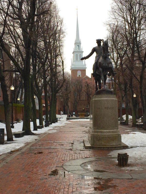 Statue of Paul Revere with the Old North Church in the background