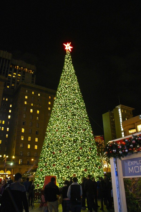 Traveling at the holidays : Macy's Christmas tree at night