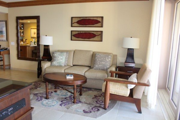 The comfortable living room with disappearing door to the right of the Hyatt Residence Club Maui