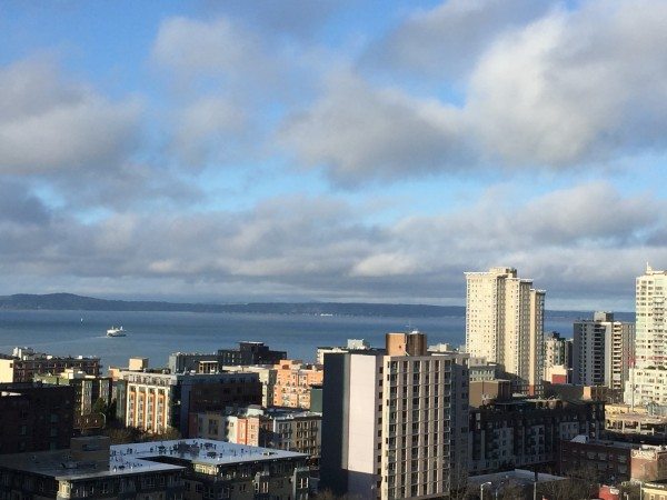 This morning's view of the Puget Sound and the ferry to the left.