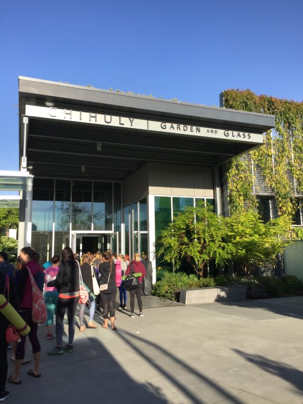 lining up for yoga class at Chihuly Garden and Glass