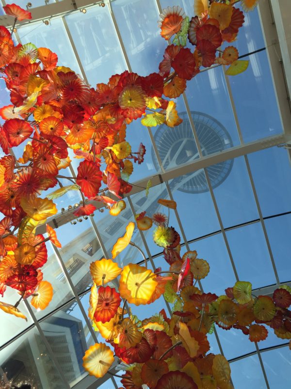 lining up for yoga class at Chihuly Garden and Glass