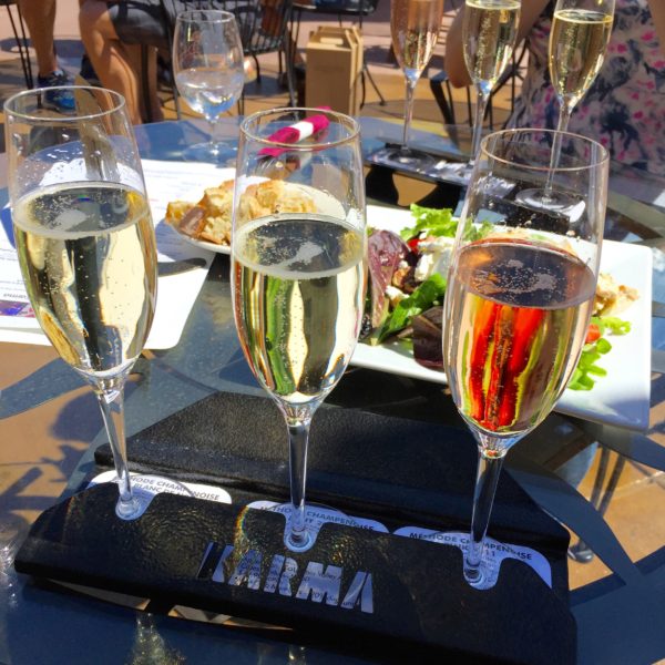 a flight of sparkling wines at Karma Winery