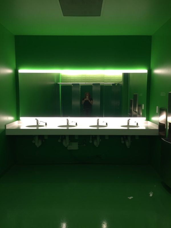 Every surface was painted green! Evidently the restrooms are different colors on every floor.