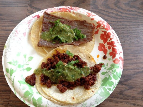 two beef tacos with tomatillo sauce