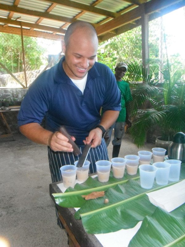 Enjoying cocoa tea at the Jade Mountain Chocolate Festival, St. Lucia