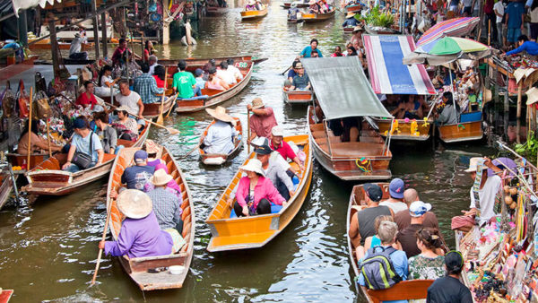 Colorful boats in floating market in Bangkok.