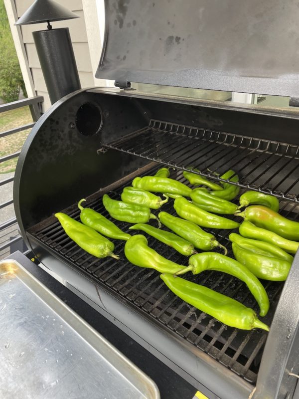 roasting hatch peppers on the Traeger